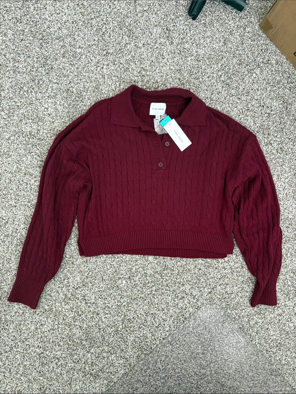 Maroon Cable-Knit Women’s Cropped Polo Sweater